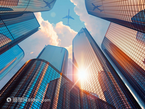 商业公司建筑玻璃反射在高楼大厦中